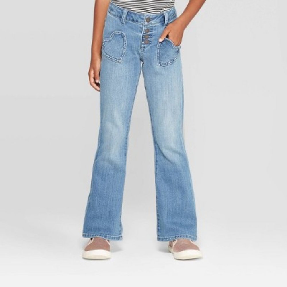 Girls' Denim Jeans Heart Pockets Flare  BNWT